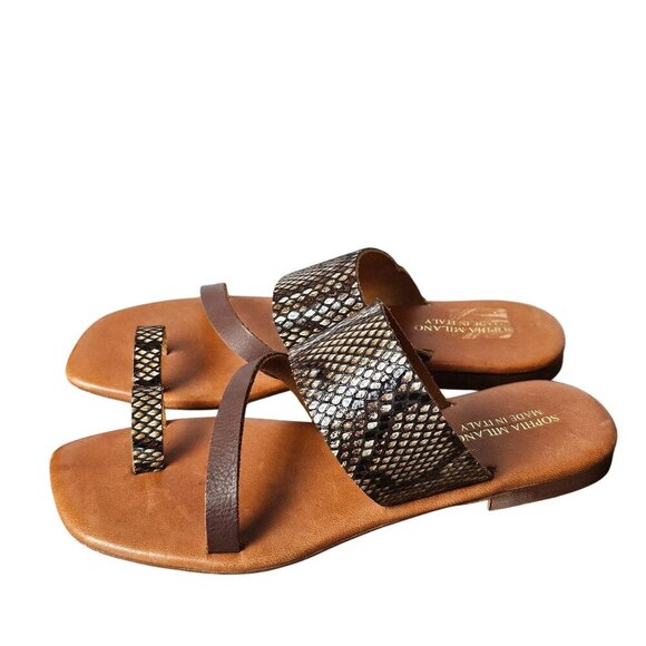 Sophia Milano Snake Faux Leather Straps Flat Slide Sandals Open Toe 7.5 Brown - Picture 4 of 10